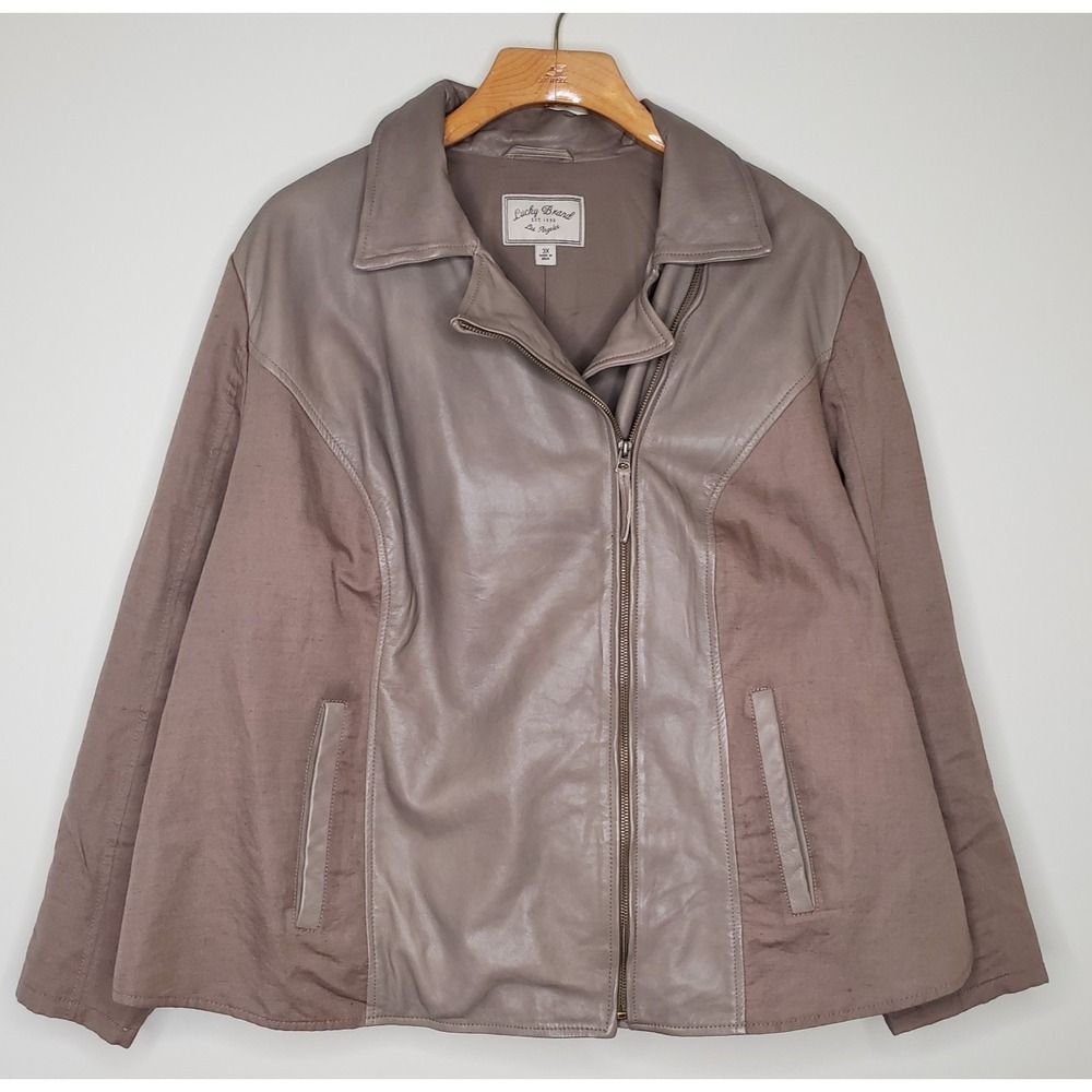 Lucky Brand Lamb Leather & Linen Moto Jacket Sz 3X Full Zip Boho‎ Biker Coat